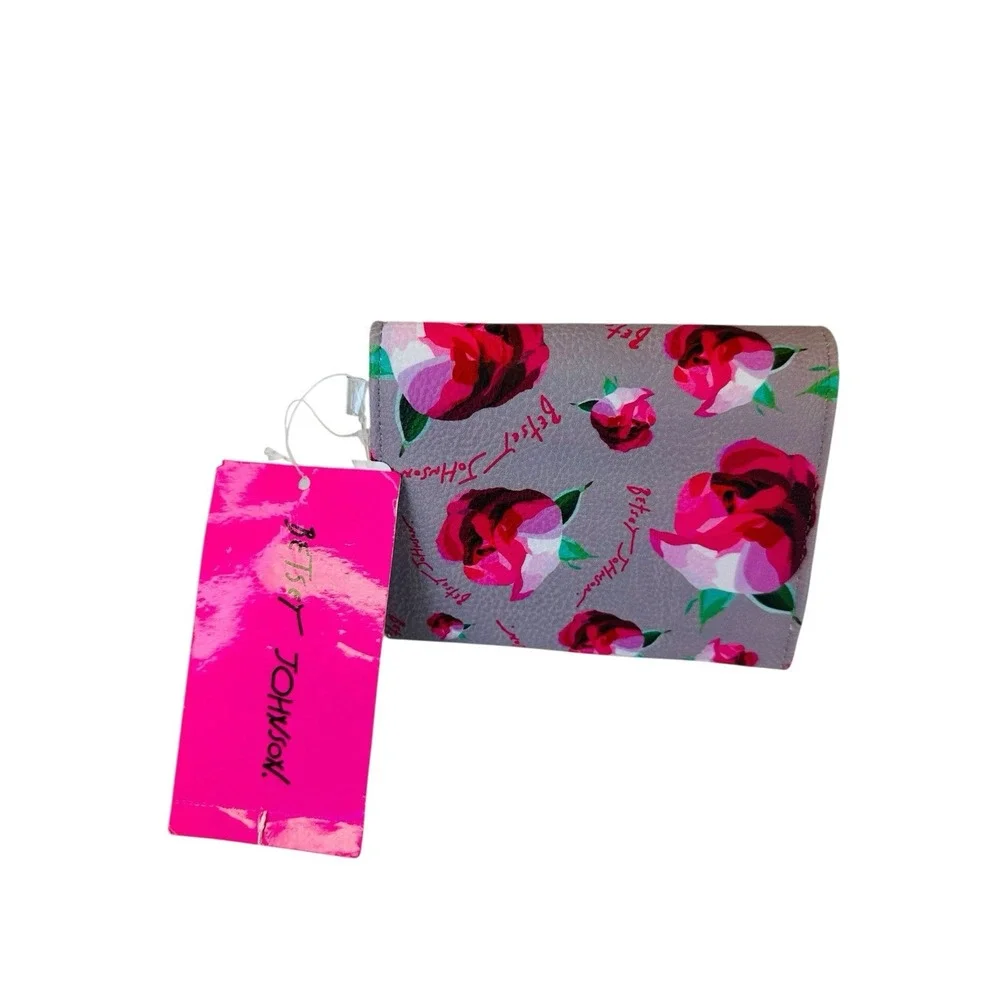 Betsey Johnson‎ Greige XOLANA Flap Wallet Tri-Fold Card Pink Multi Color NWT